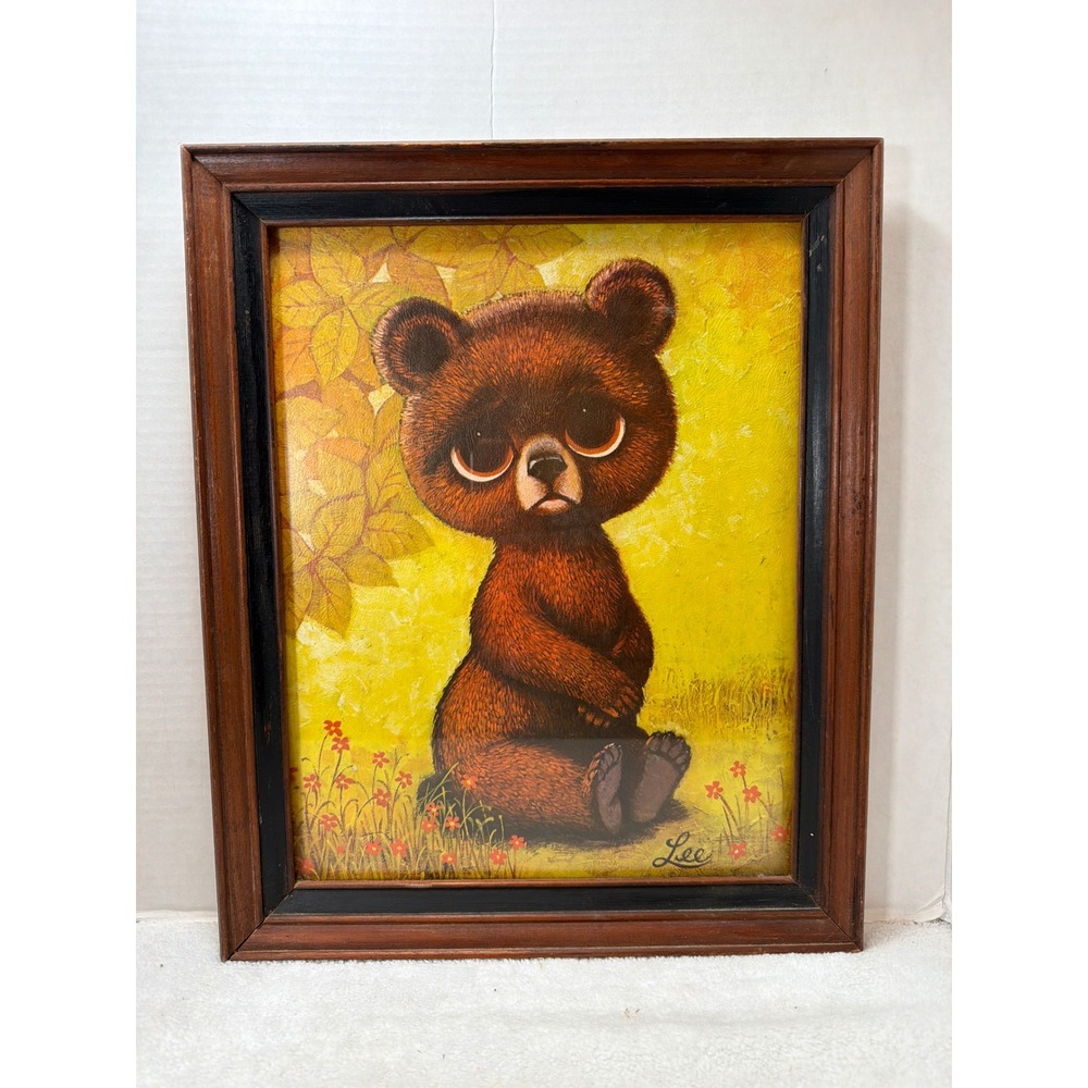 Vintage Lee Framed Wall Art 16x13 Brown Big Eye Sad Honey Bear Kitsch Print